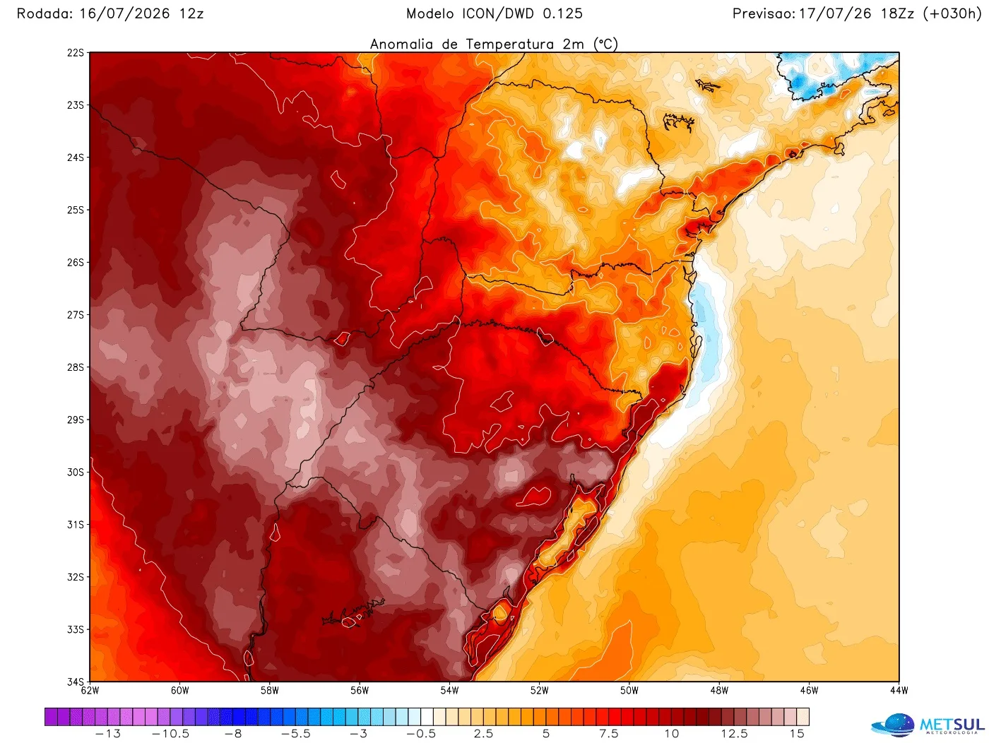 Mapa do modelo alemão Icon mostra como a temperatura deve ficar muitíssimo acima do normal na sexta-feira no Rio Grande do Sul