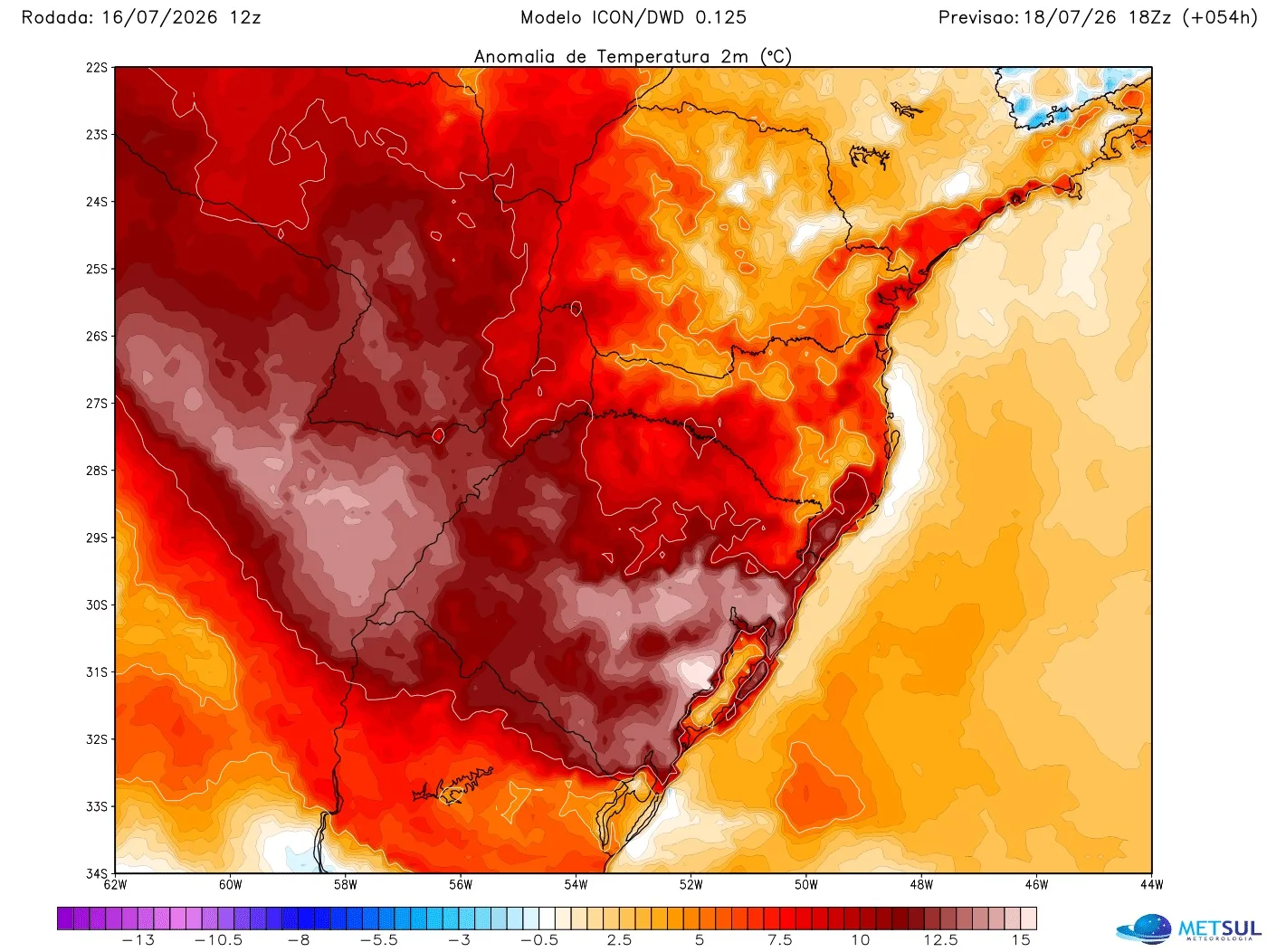 Mapa do modelo alemão Icon mostra como a temperatura deve ficar muitíssimo acima do normal no sábado no Rio Grande do Sul