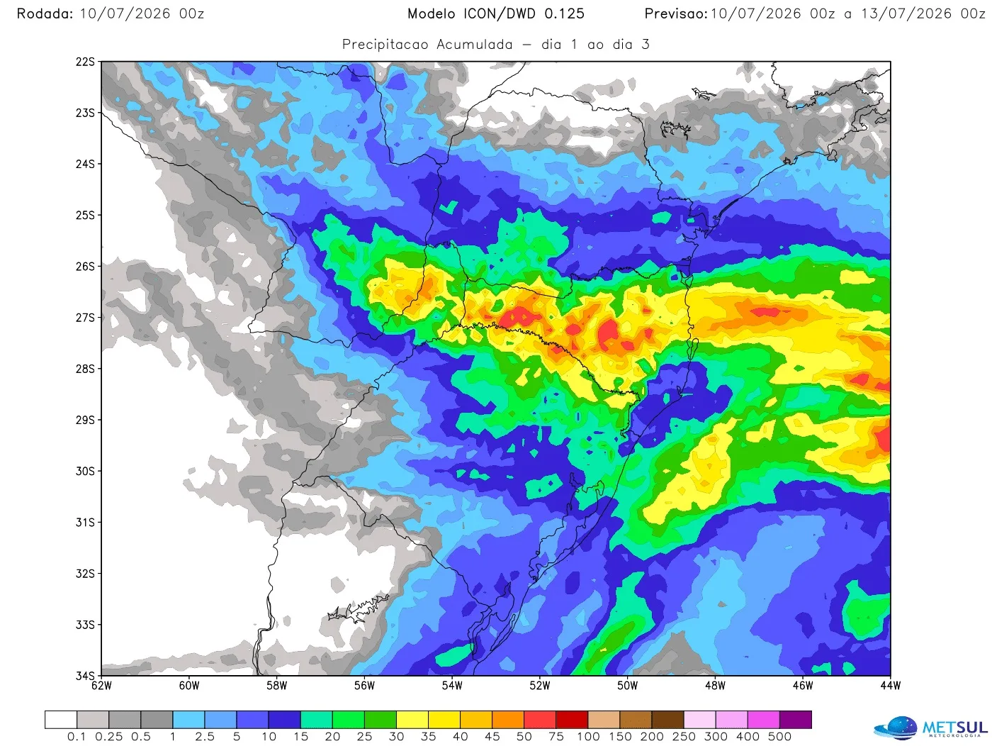 Mapa de chuva em 72 horas no Sul do Brasil 