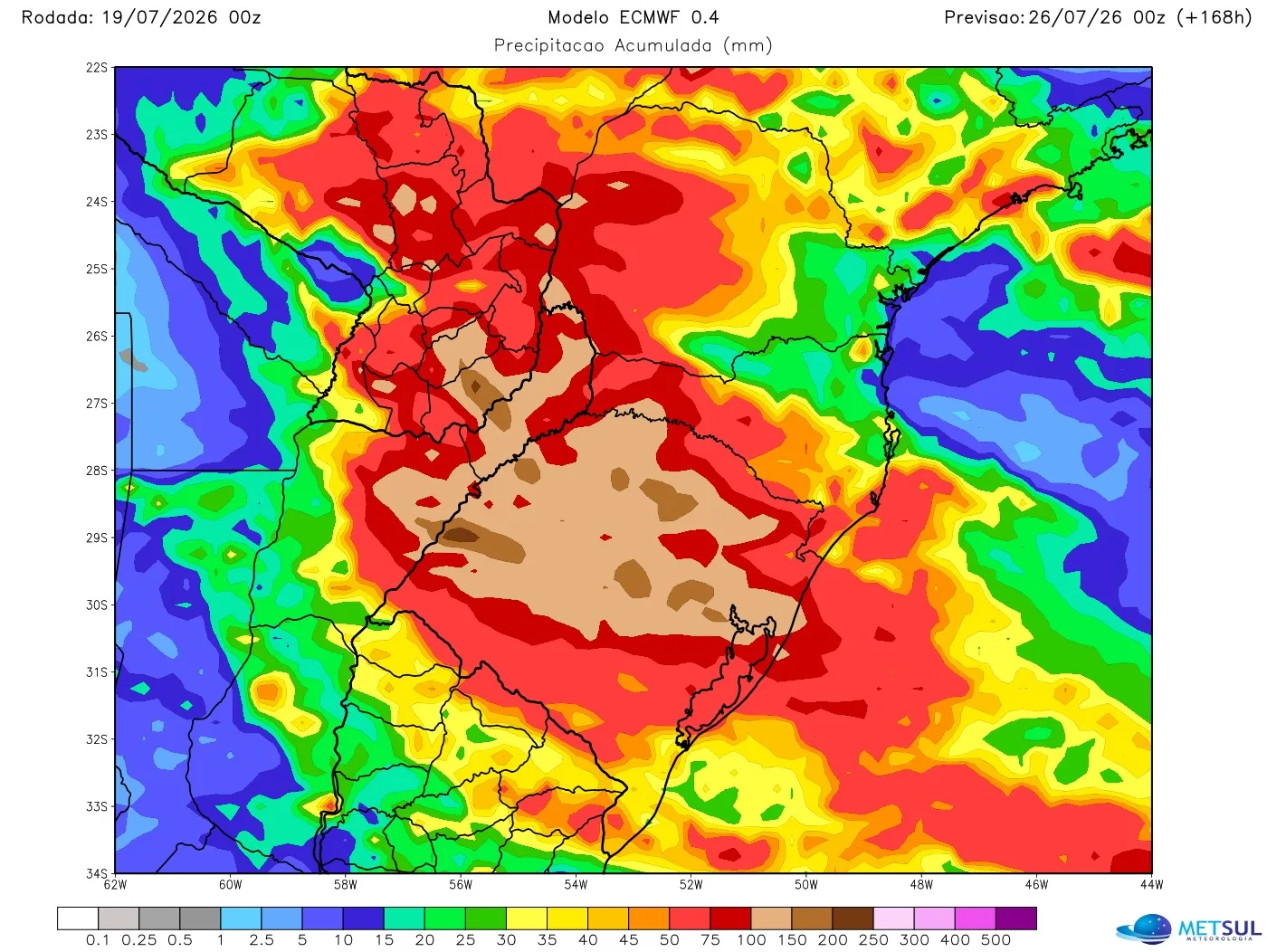 Mapa de chuva na semana no Sul do Brasil