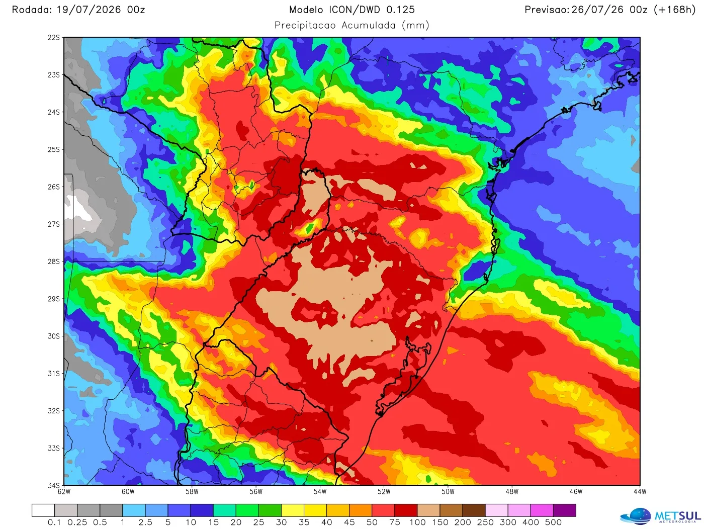 Mapa de chuva na semana no Sul do Brasil