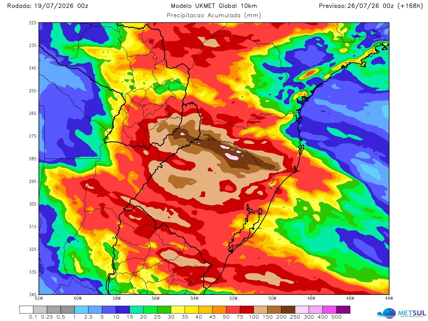 Mapa de chuva na semana no Sul do Brasil