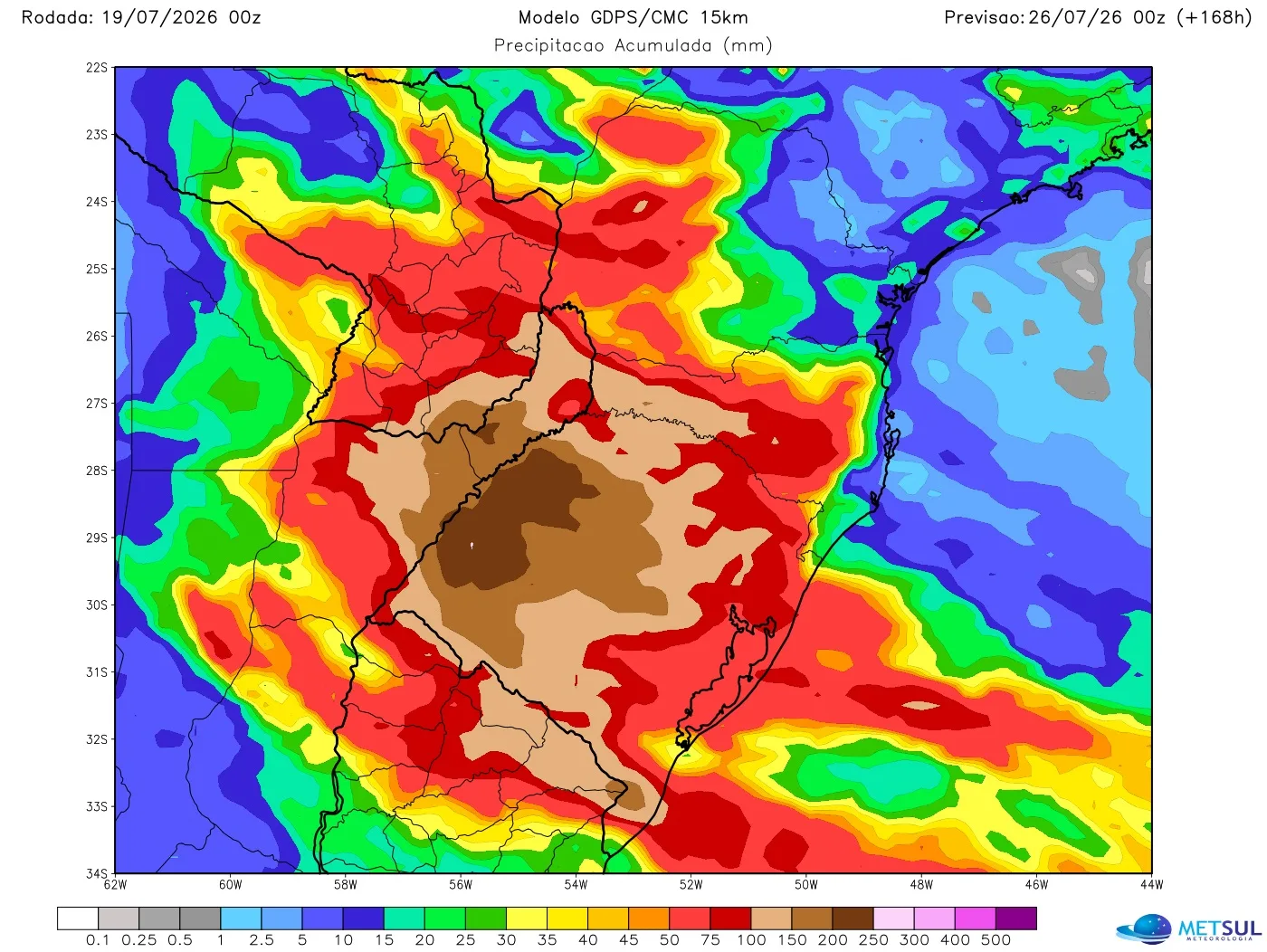 Mapa de chuva na semana no Sul do Brasil