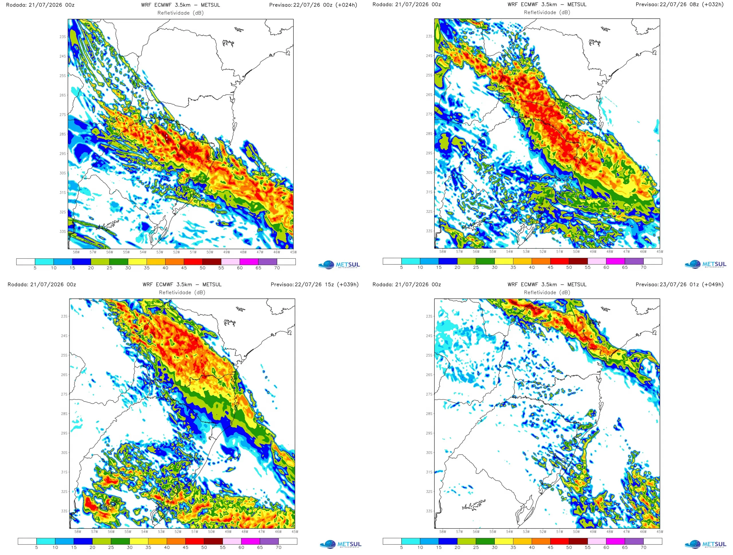 Projeção de evolução da frente fria no final desta terça e na quarta do WRF-ECMWF