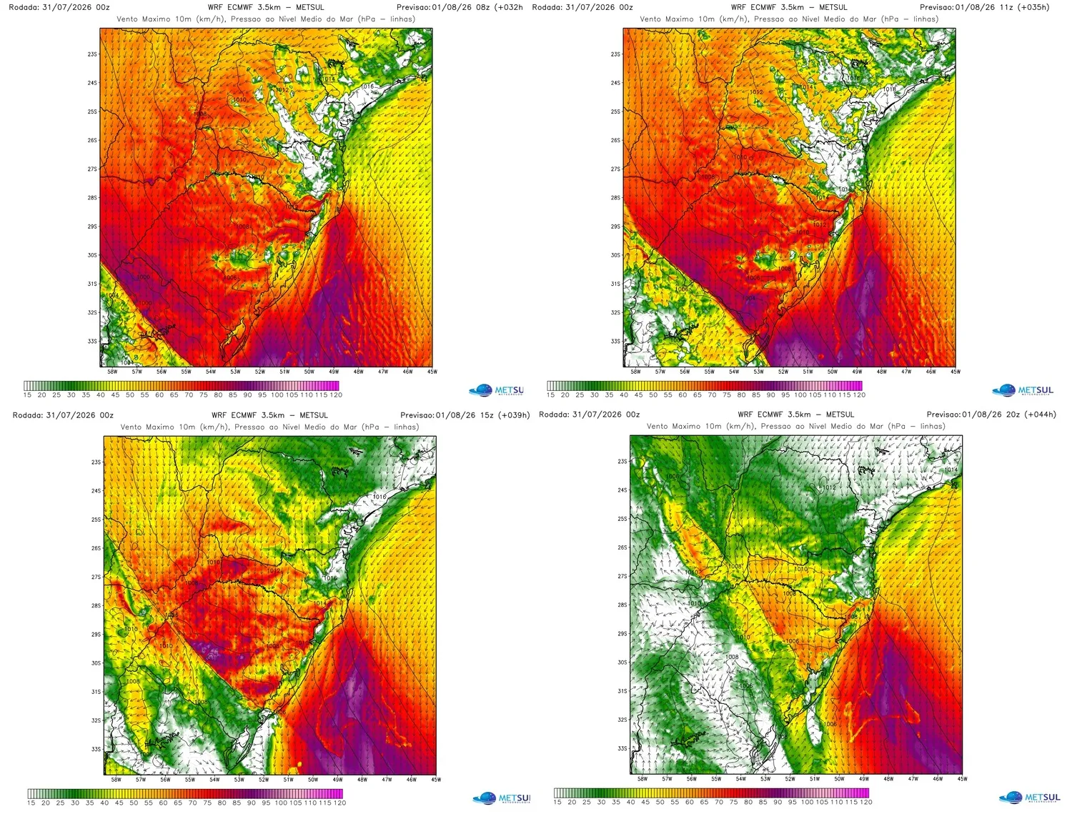Mapas de vento na frente fria 