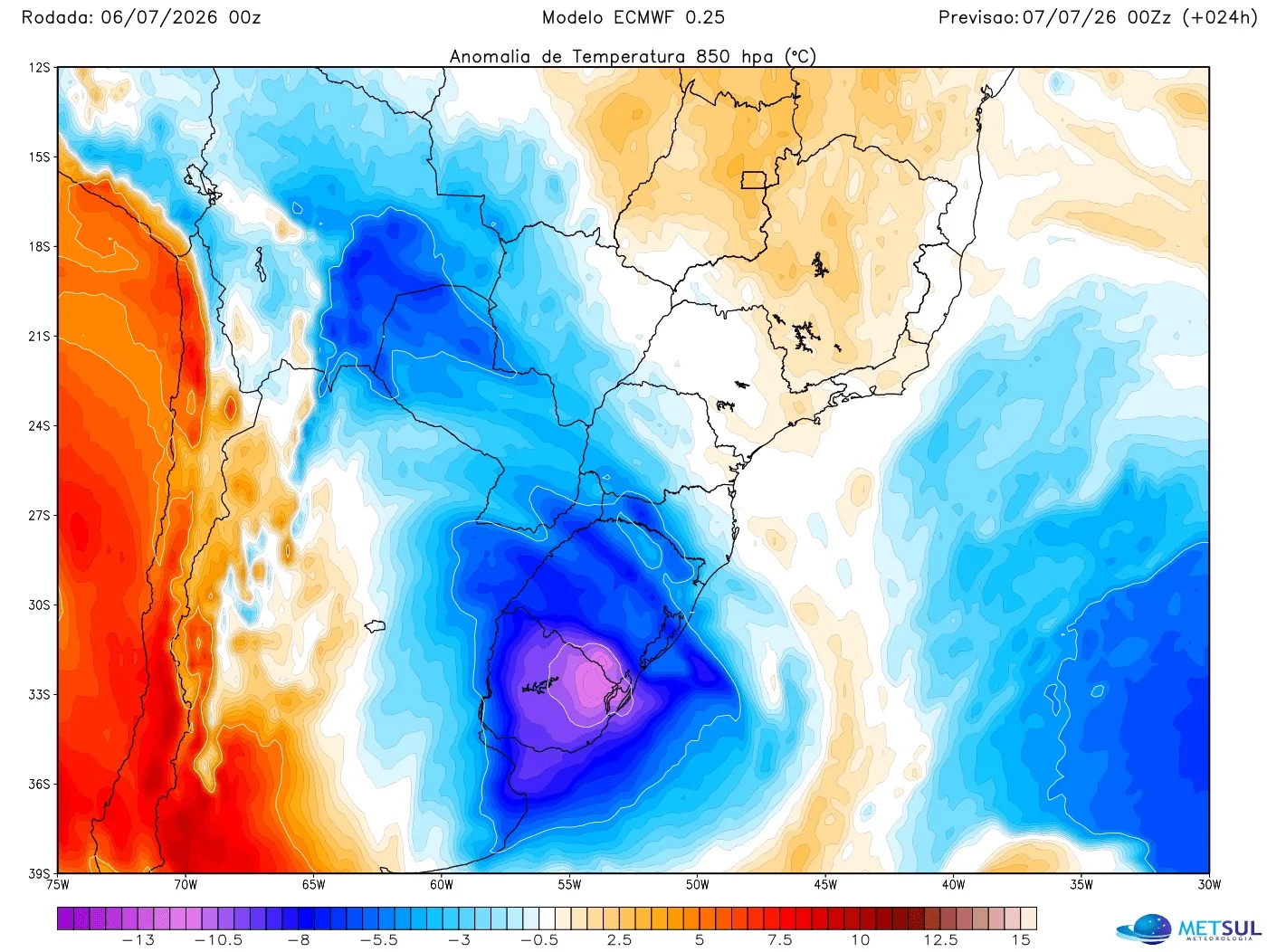 Mapa mostra nova massa de ar frio 