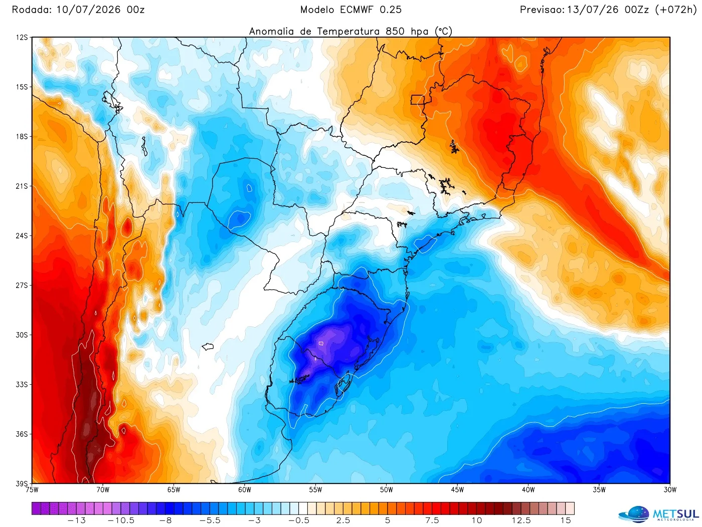 Mapa mostra massa de ar frio 