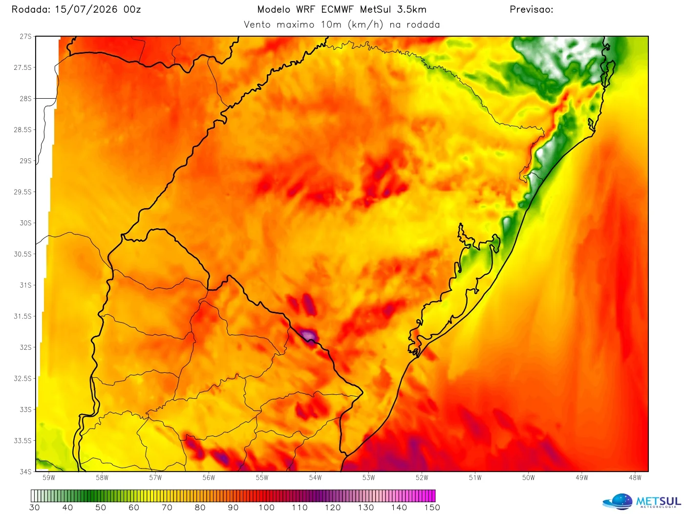 Mapa de vento máximo do modelo WRF-ECMWF até 21h de sexta