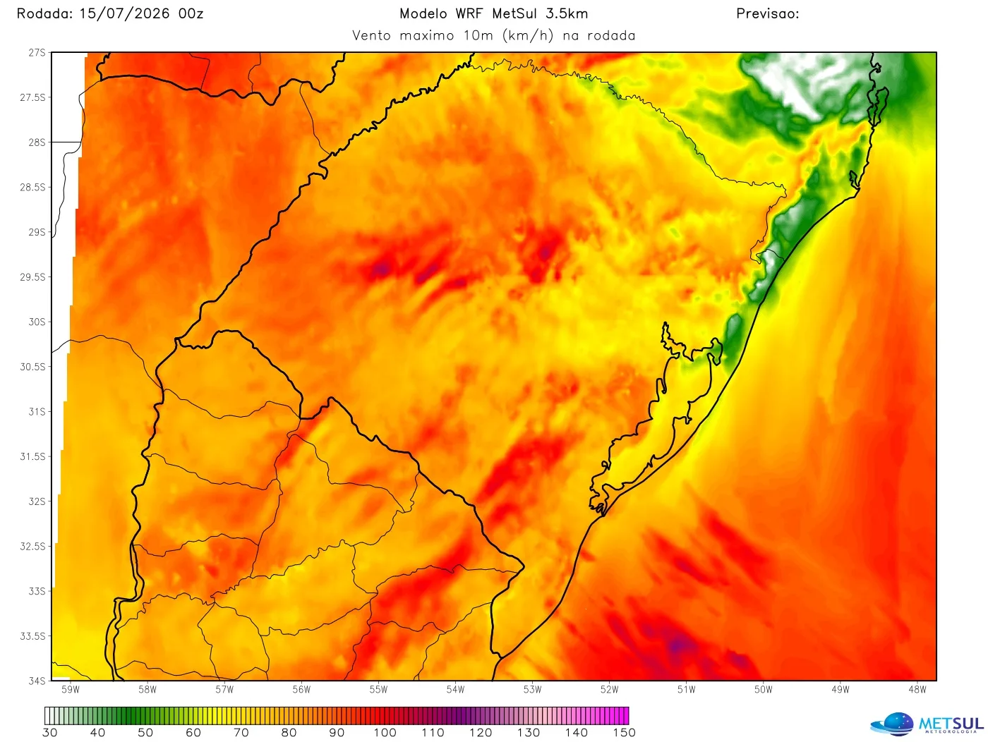 Mapa de vento máximo do modelo WRF-GFS até 21h de sexta