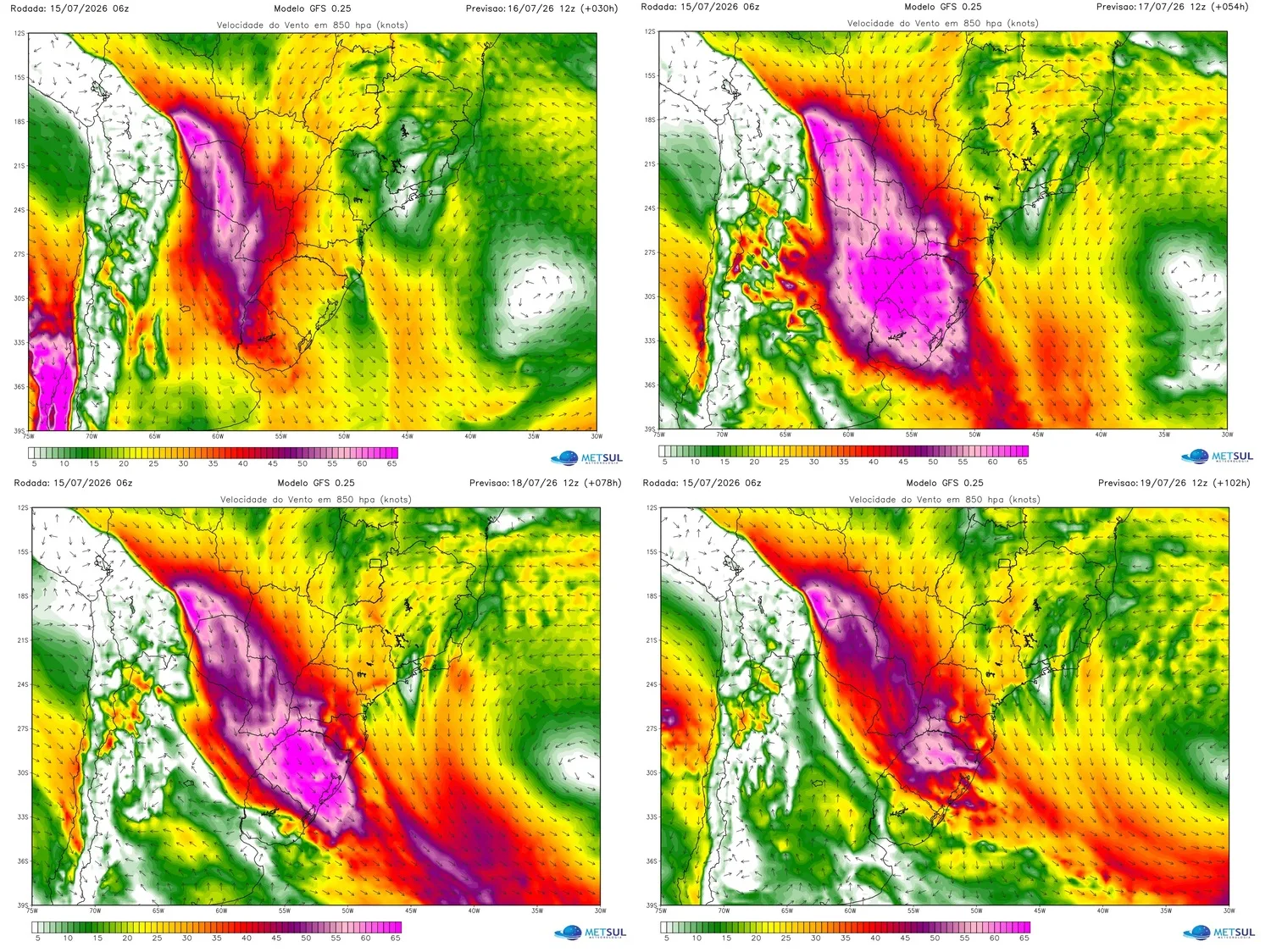 Projeção de vento a 1500 metros de altitude do modelo GFS mostra a corrente de jato em baixos níveis de enorme intensidade nas manhãs de quinta, sexta, sábado e domingo