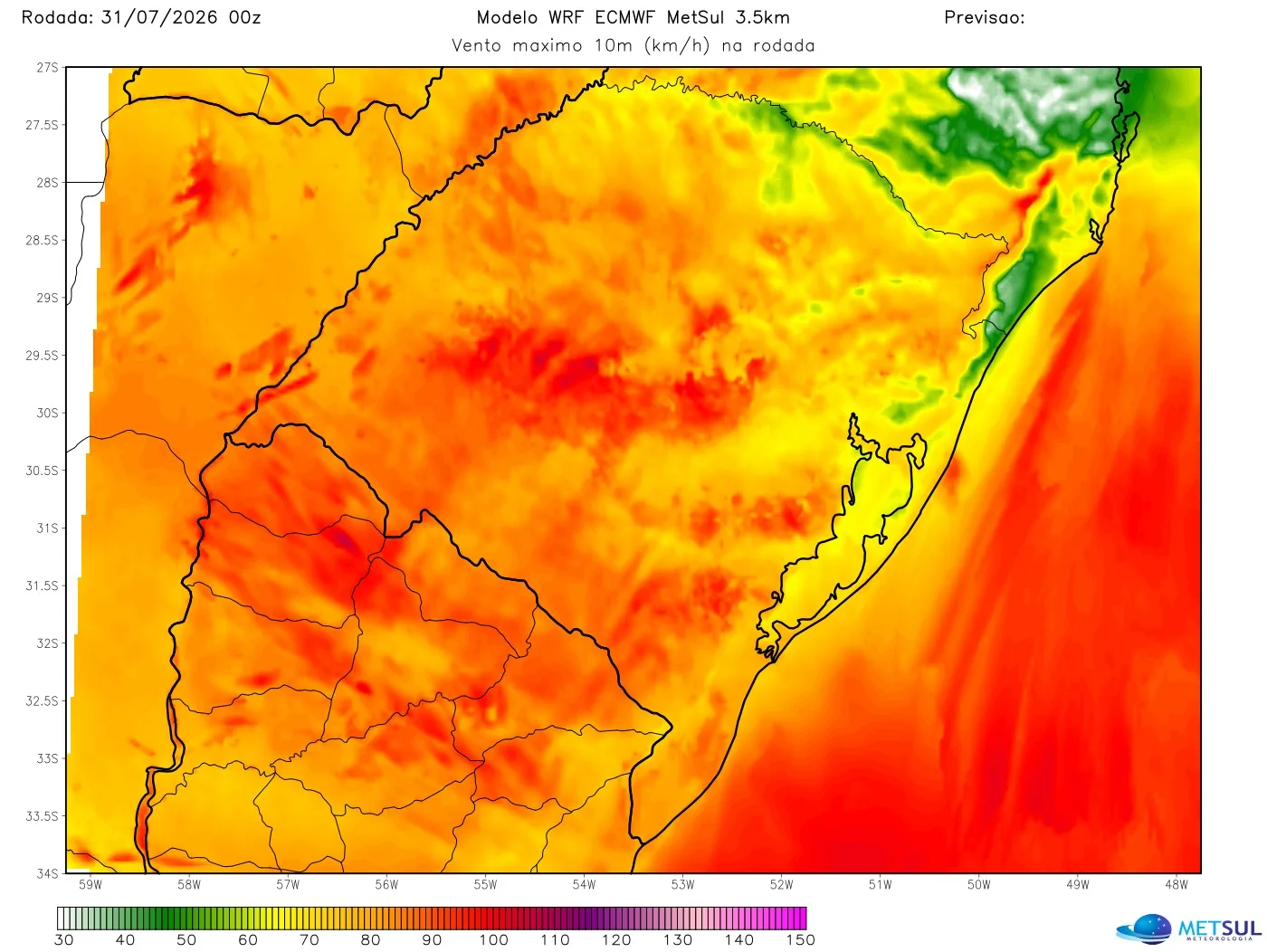 Mapa de vento máximo do modelo WRF-ECMWF