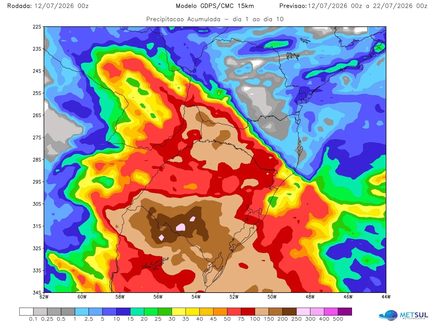 Mapa de chuva do modelo canadense para dez dias 