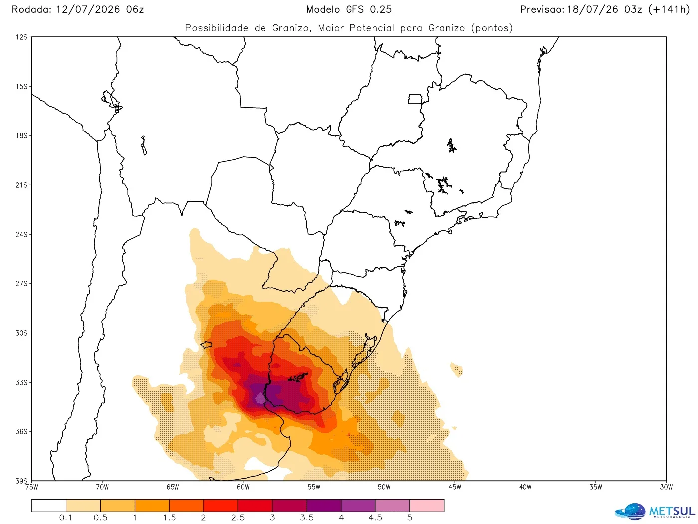 Mapa do modelo GFS mostra risco de granizo 