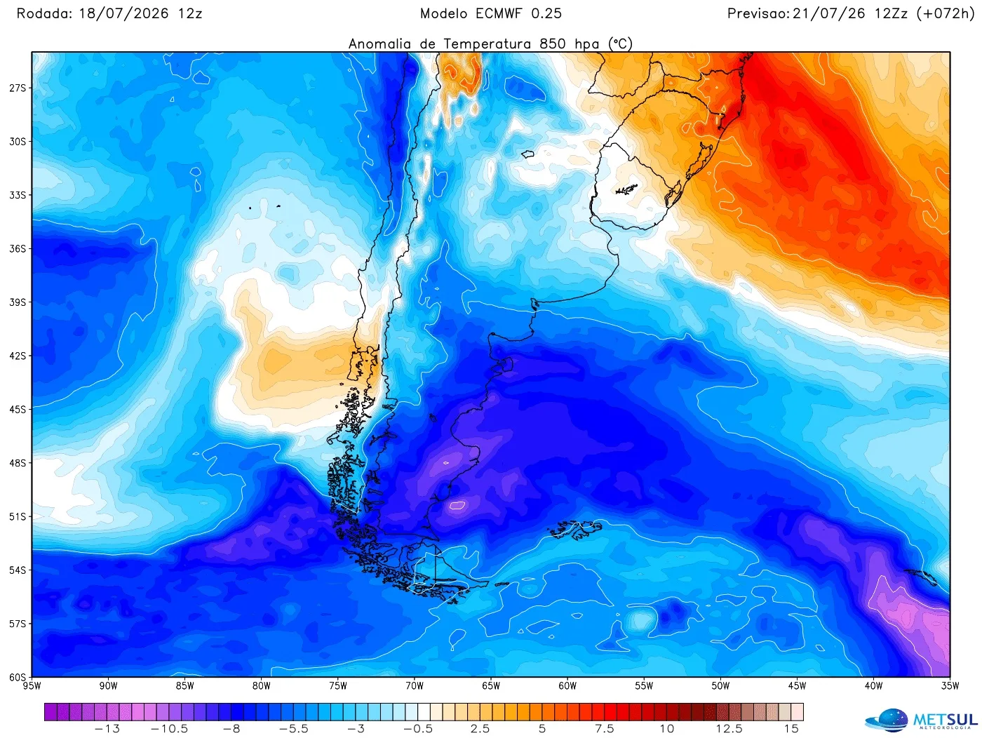 Mapa mostra massa de ar frio na Patagônia 