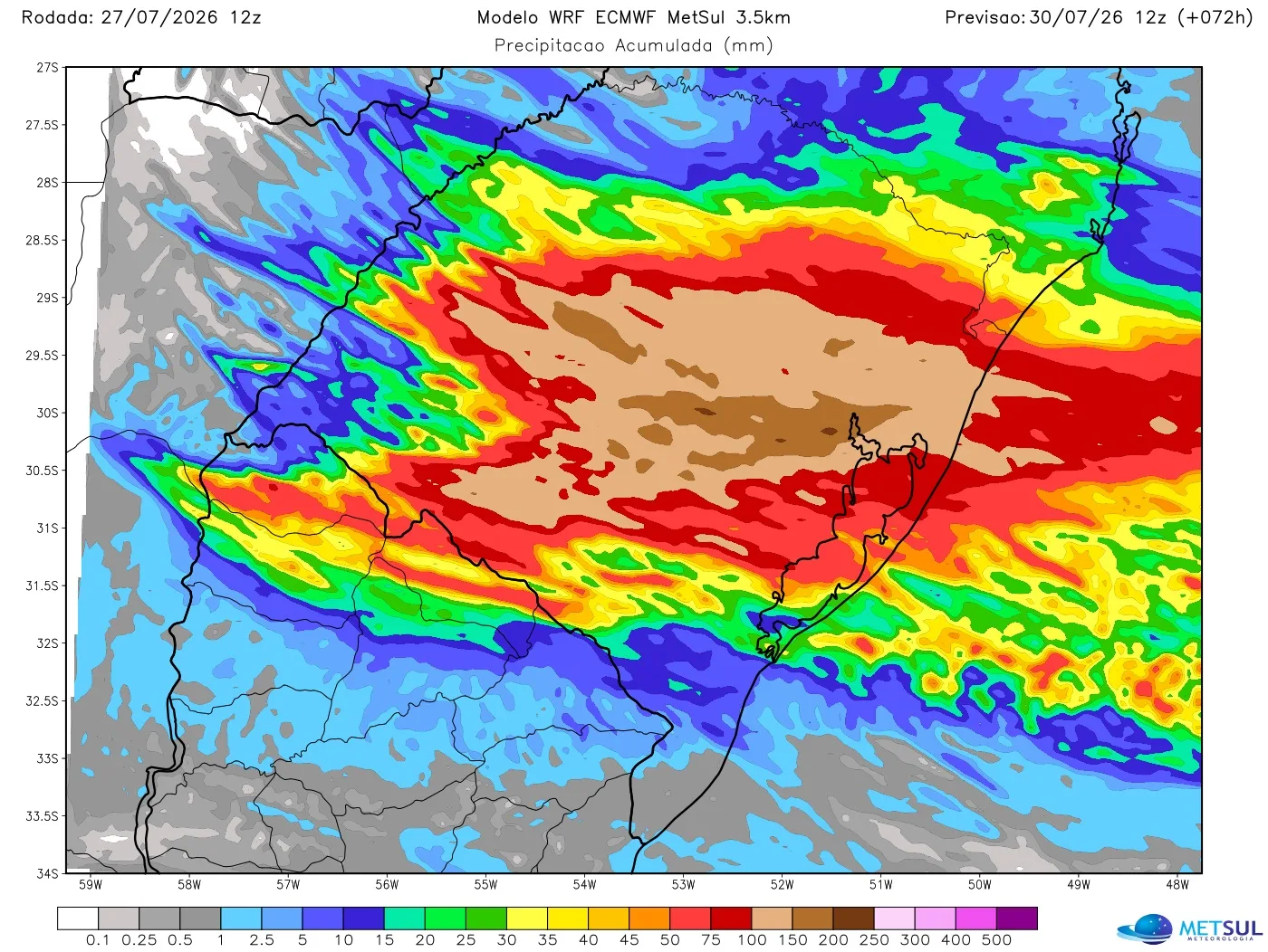 Projeção de chuva do modelo WRF-ECMWF da MetSul até o começo da quinta 