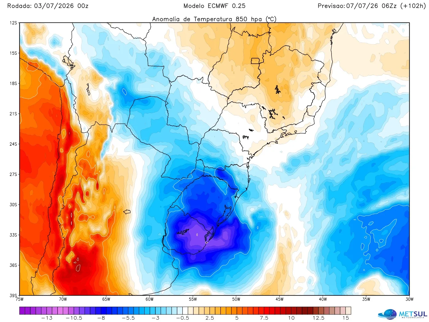 Mapa mostra nova massa de ar frio 