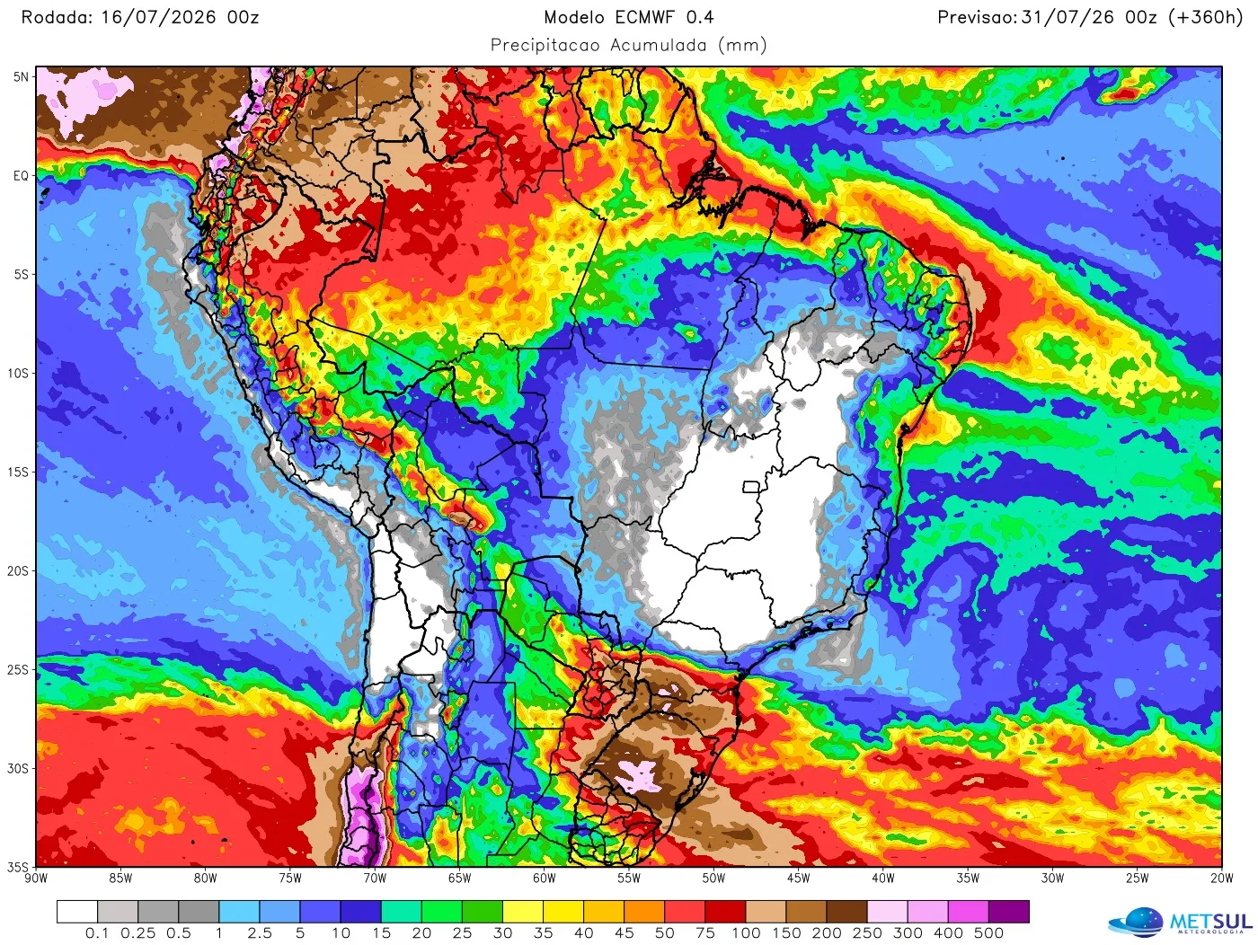 Projeção de chuva de 15 dias do modelo europeu 