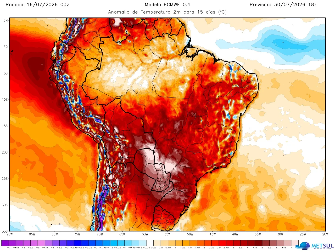 Projeção de anonalia de temperatura (desvio da média) de 15 dias do modelo europeu