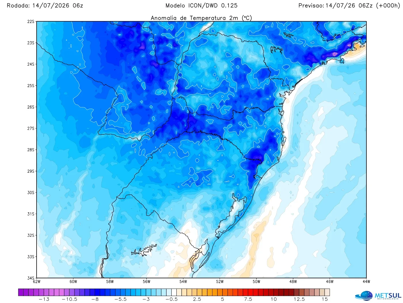 Mapa de anomalia de temperaratura (desvio da média desta época do ano) do modelo alemão Icon na madrugada desta terça-feira (14)
