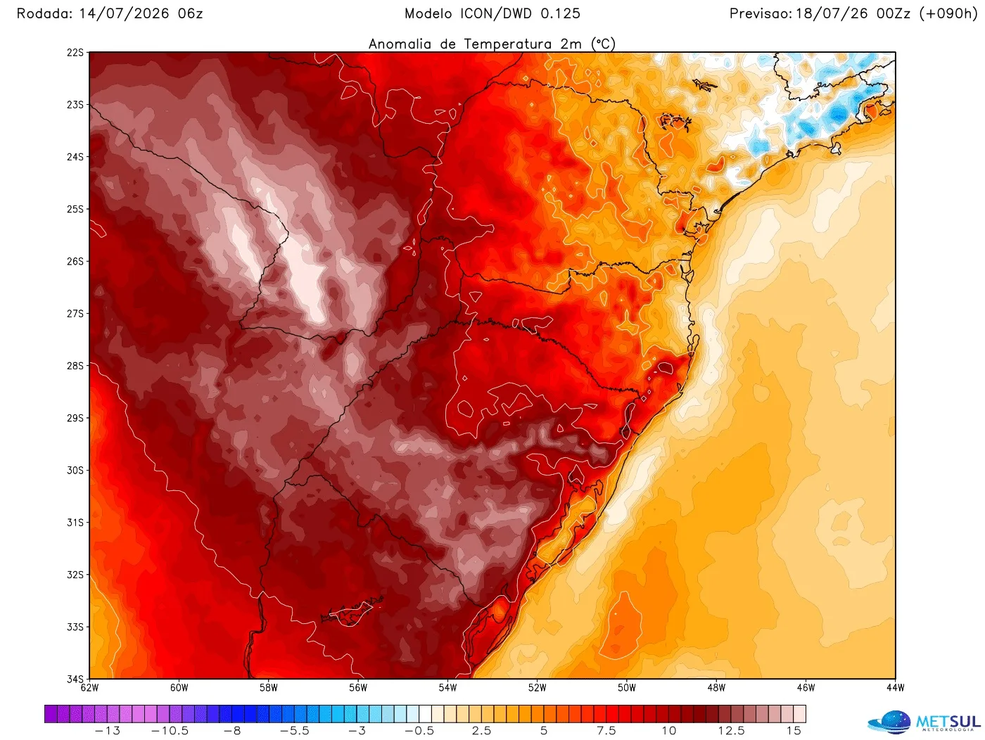 Mapa de anomalia de temperaratura (desvio da média desta época do ano) do modelo alemão Icon no final da sexta-feira (17) 