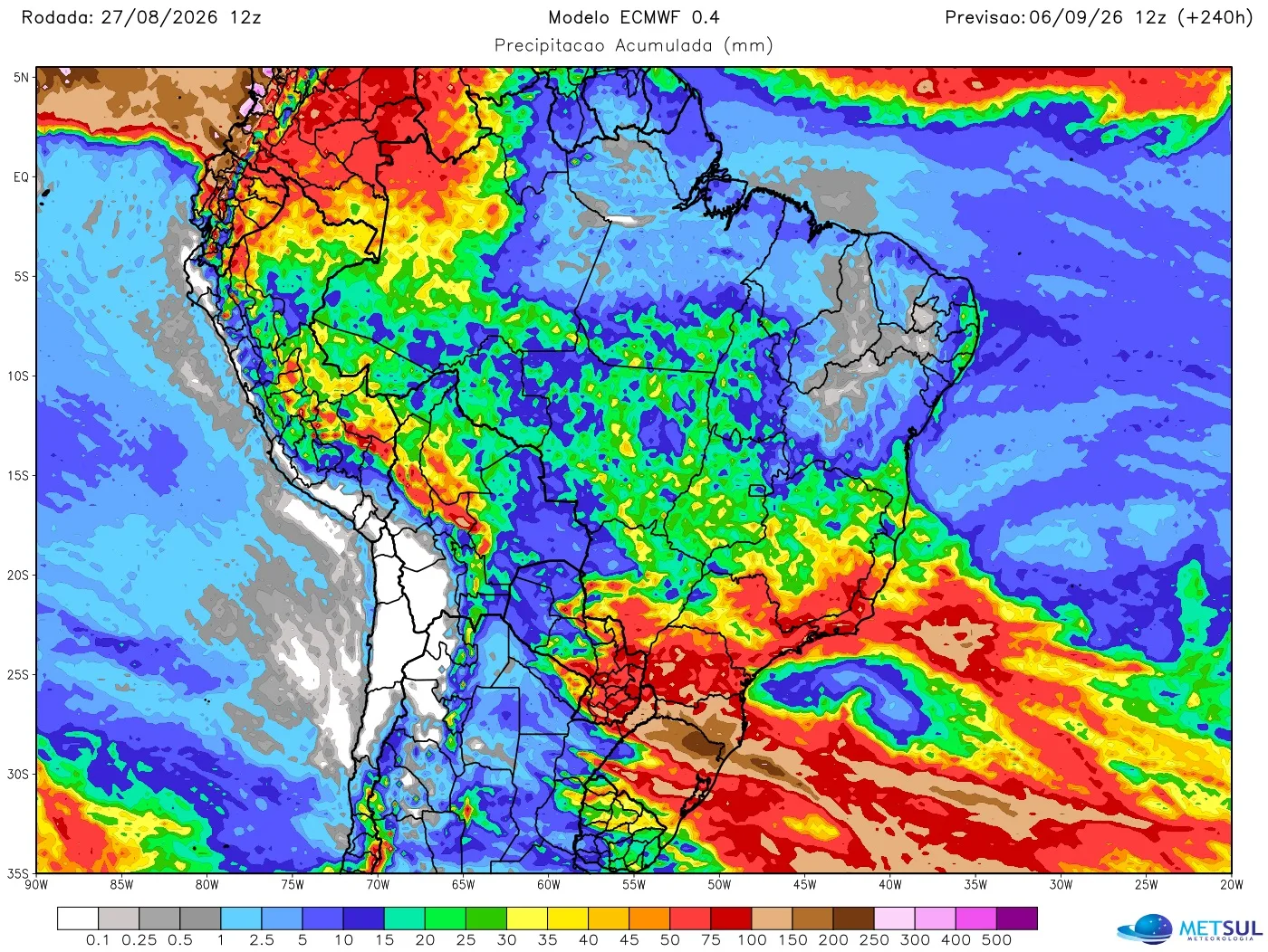 Mapa de chuva no Brasil para dez dias 