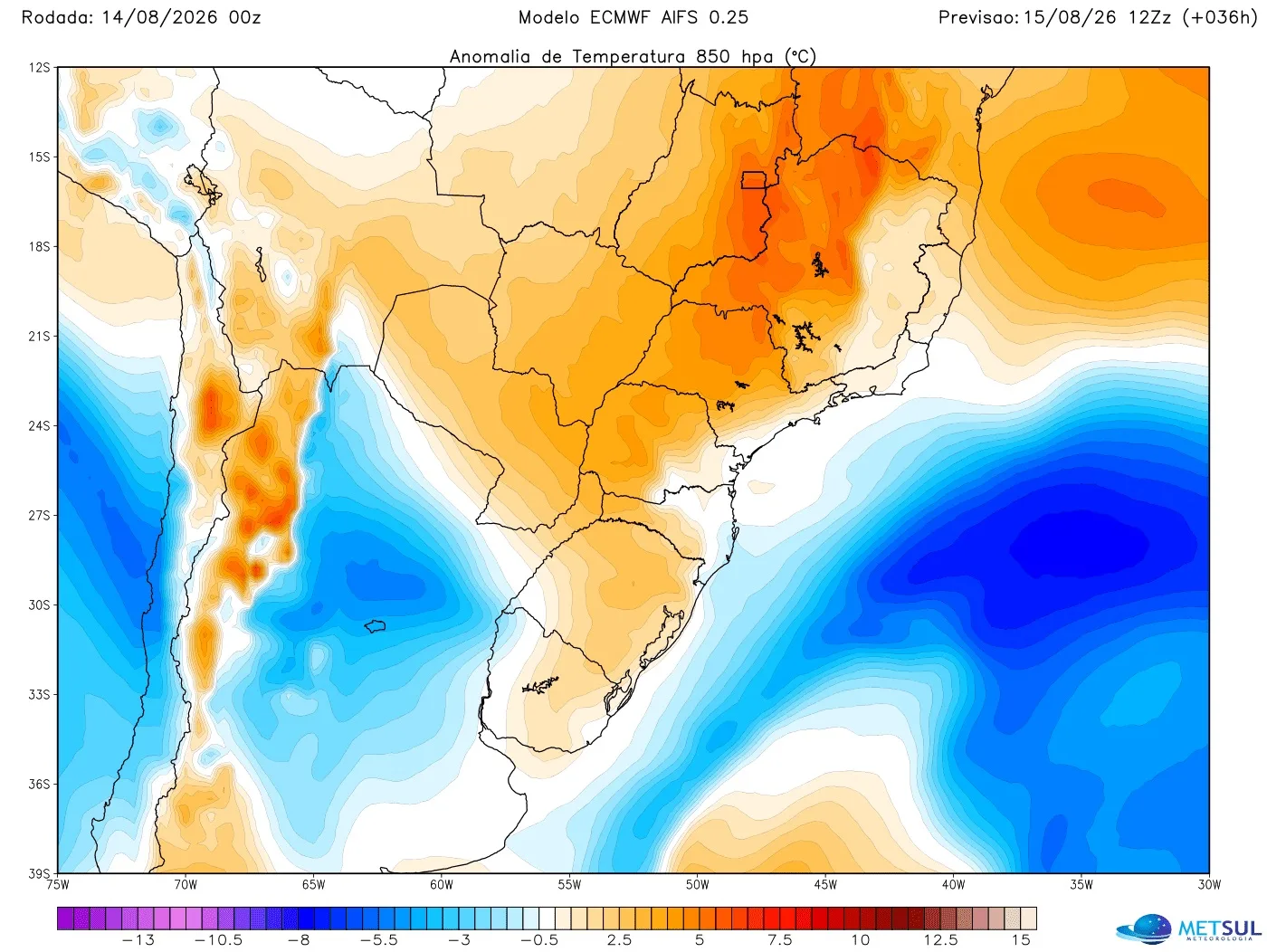 Mapa mostra contraste de temperatura que traz vento 