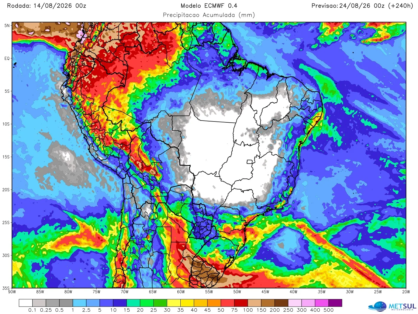 Mapa de chuva do modelo europeu para dez dias no Brasil 