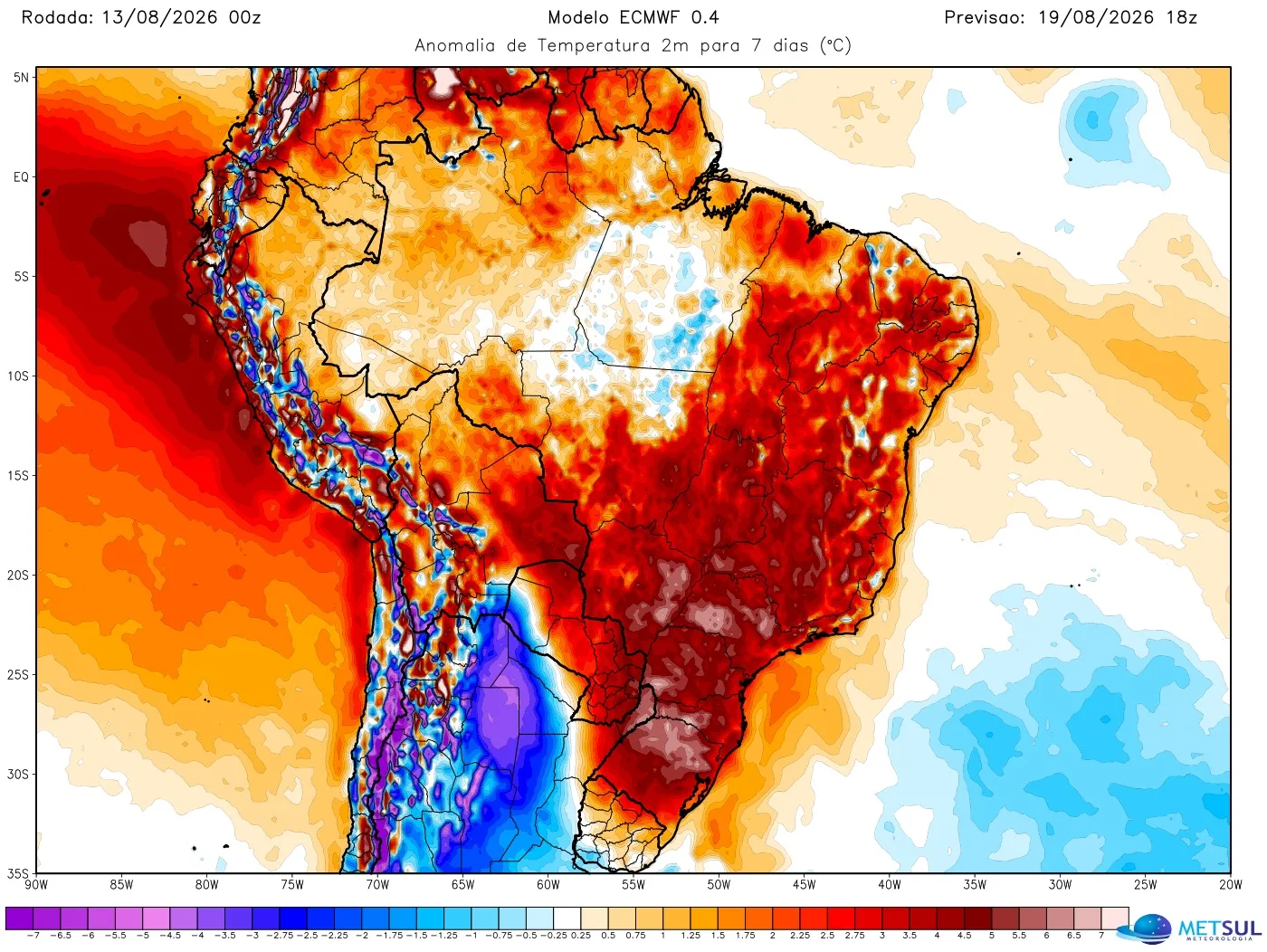 Mapa mostra anomalia de temperatura (desvio da média histórica) nos próximos sete dias com base em dados do modelo do Centro Meteorológico Europeu (ECMWF)