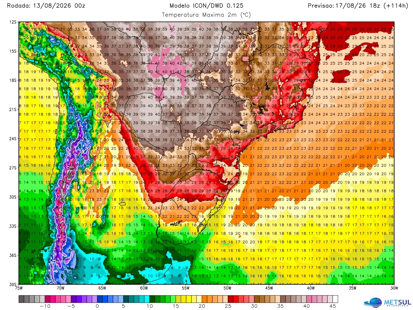 Mapa do modelo alemão Icon de temperaturas previstas para a tarde de segunda-feira (17)