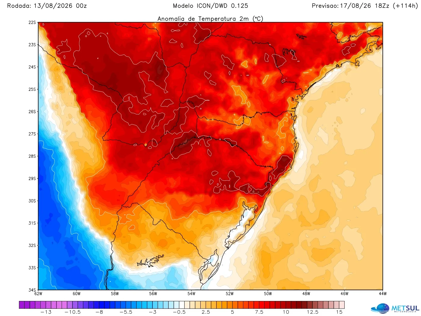 Mapa mostra a anomalia de temperatura (desvio da média) previsto pelo modelo alemão Icon paara a tarde de segunda-feira (17) no Sul do Brasil