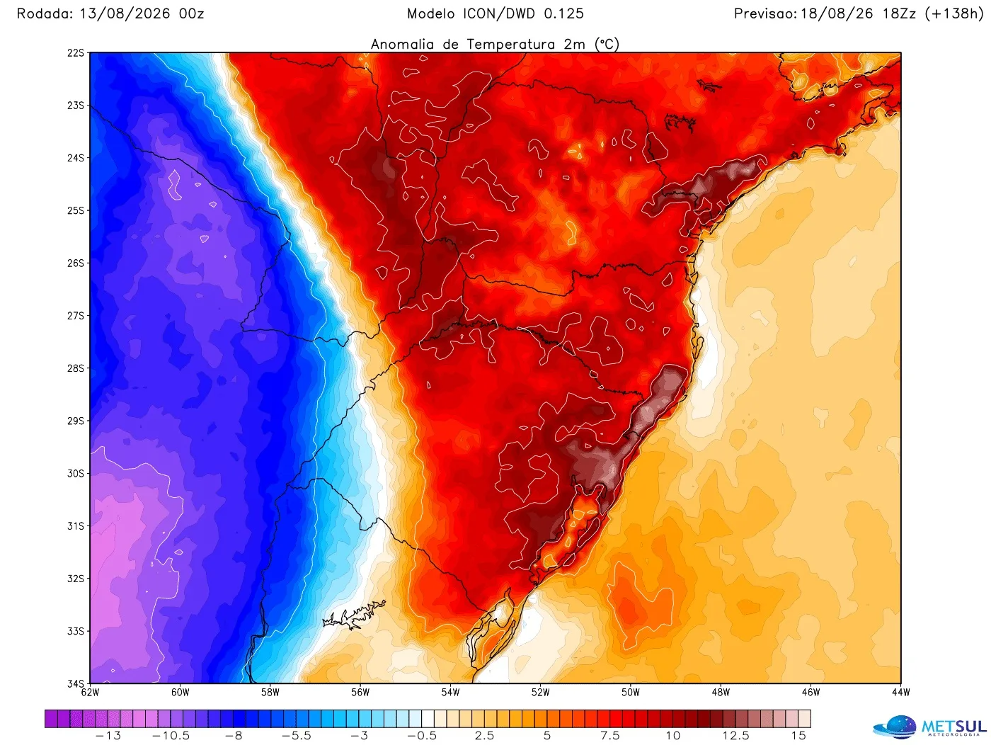 Mapa mostra a anomalia de temperatura (desvio da média) previsto pelo modelo alemão Icon paara a tarde de terça-feira (18) no Sul do Brasil