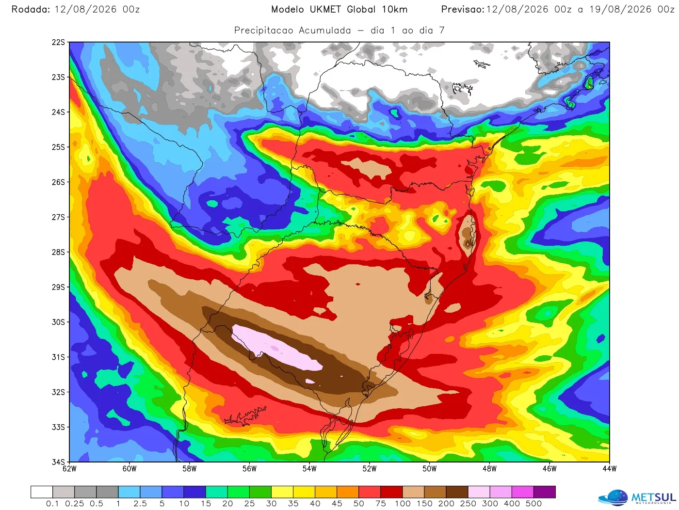 Mapa com projeção de chuva para sete dias