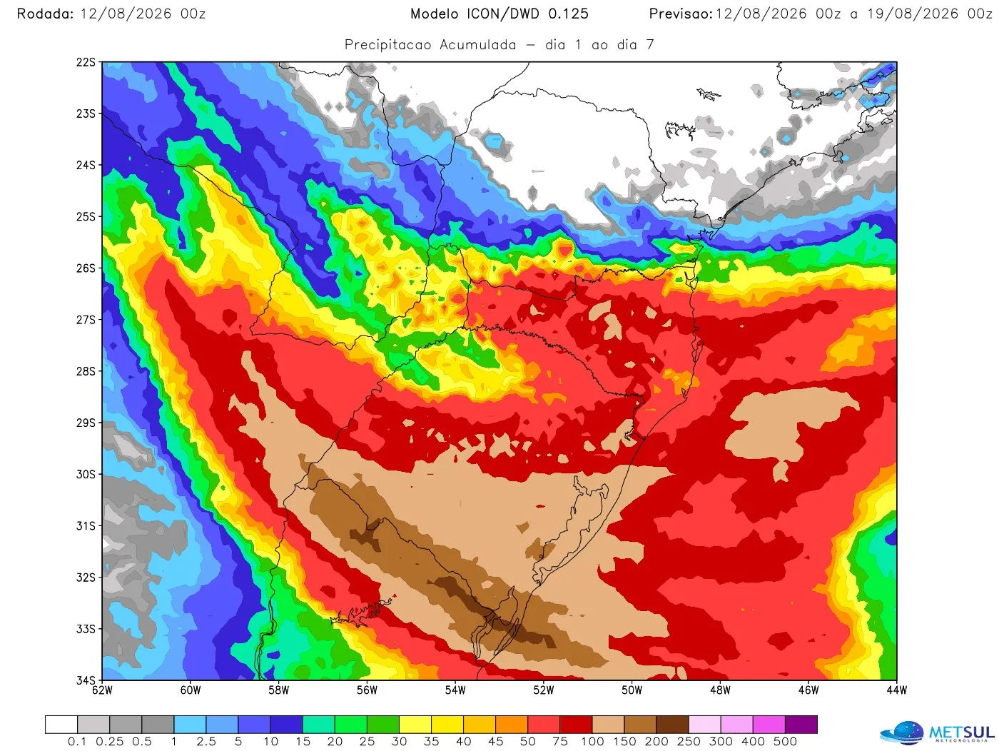 Mapa com projeção de chuva para sete dias