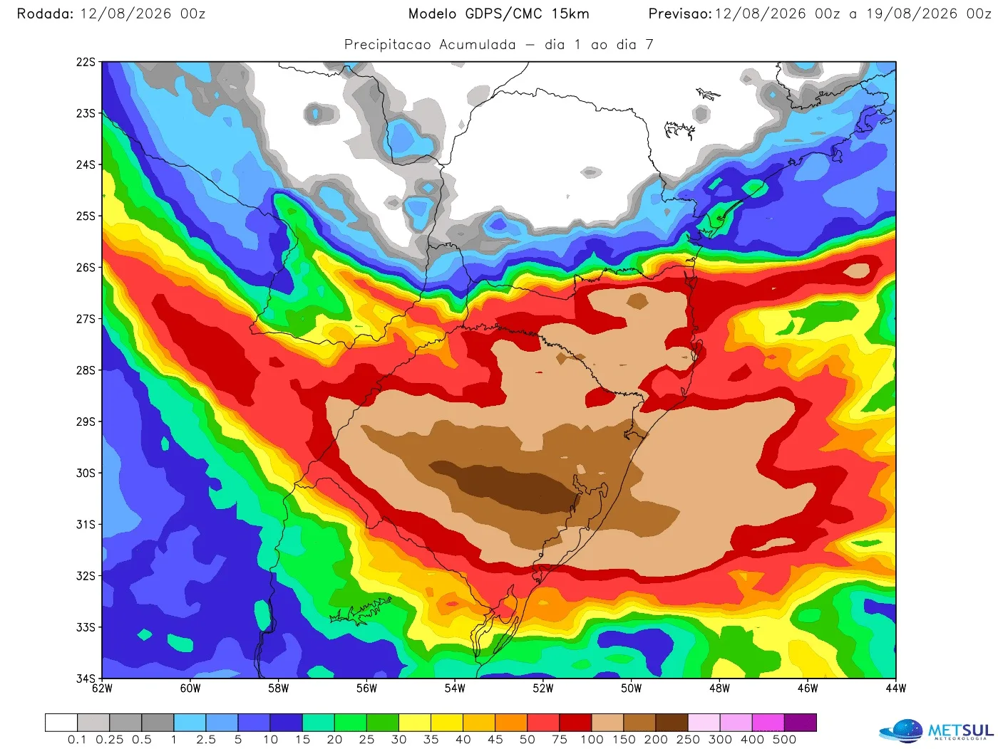 Mapa com projeção de chuva para sete dias