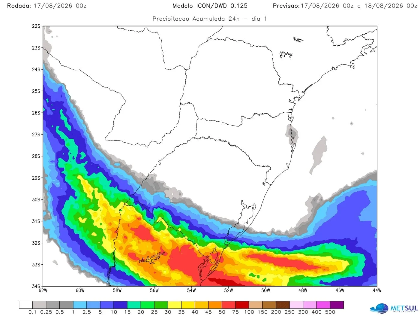 Projeção de chuva para esta segunda-feira do modelo Icon | METSUL 