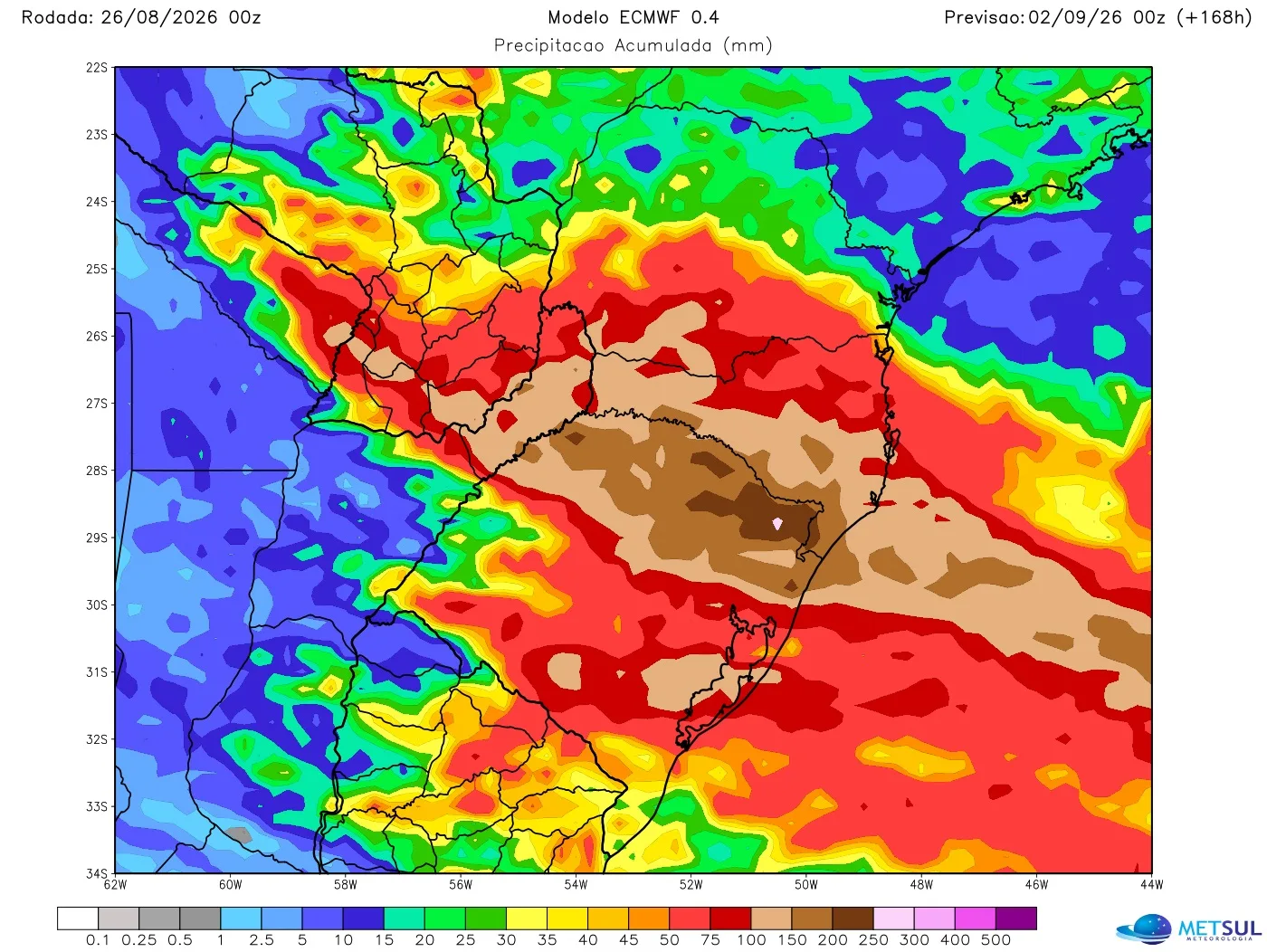 Mapa de modelo com projeção de chuva