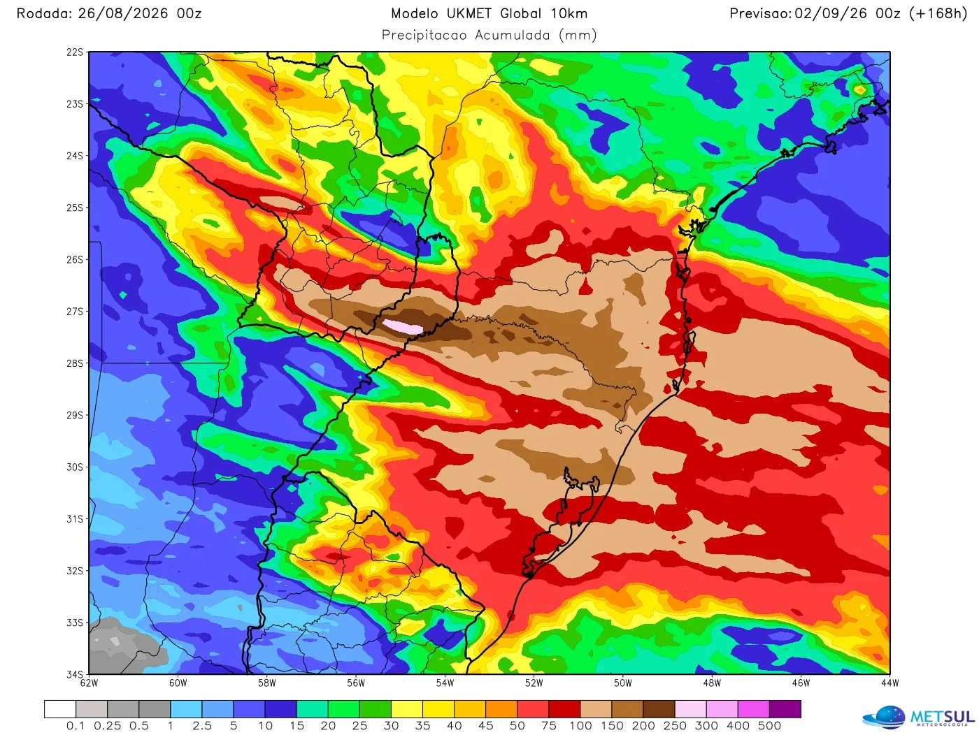 Mapa de modelo com projeção de chuva