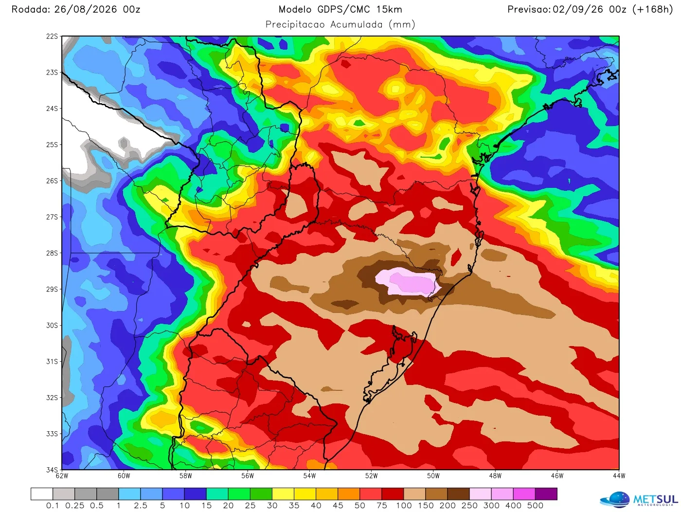 Mapa de modelo com projeção de chuva