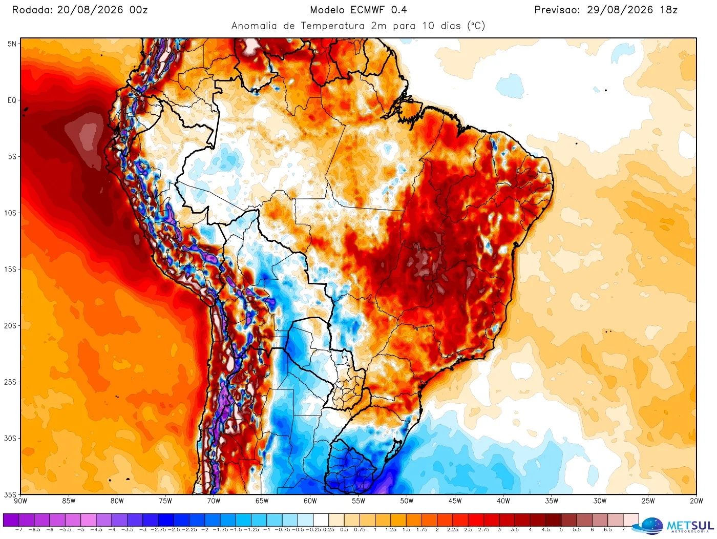 Mapa do modelo do Centro Meteorológico Europeu (ECMWF) mostra a anomalia de temperatura (desvio da média) prevista para os próximos dez dias no Brasil
