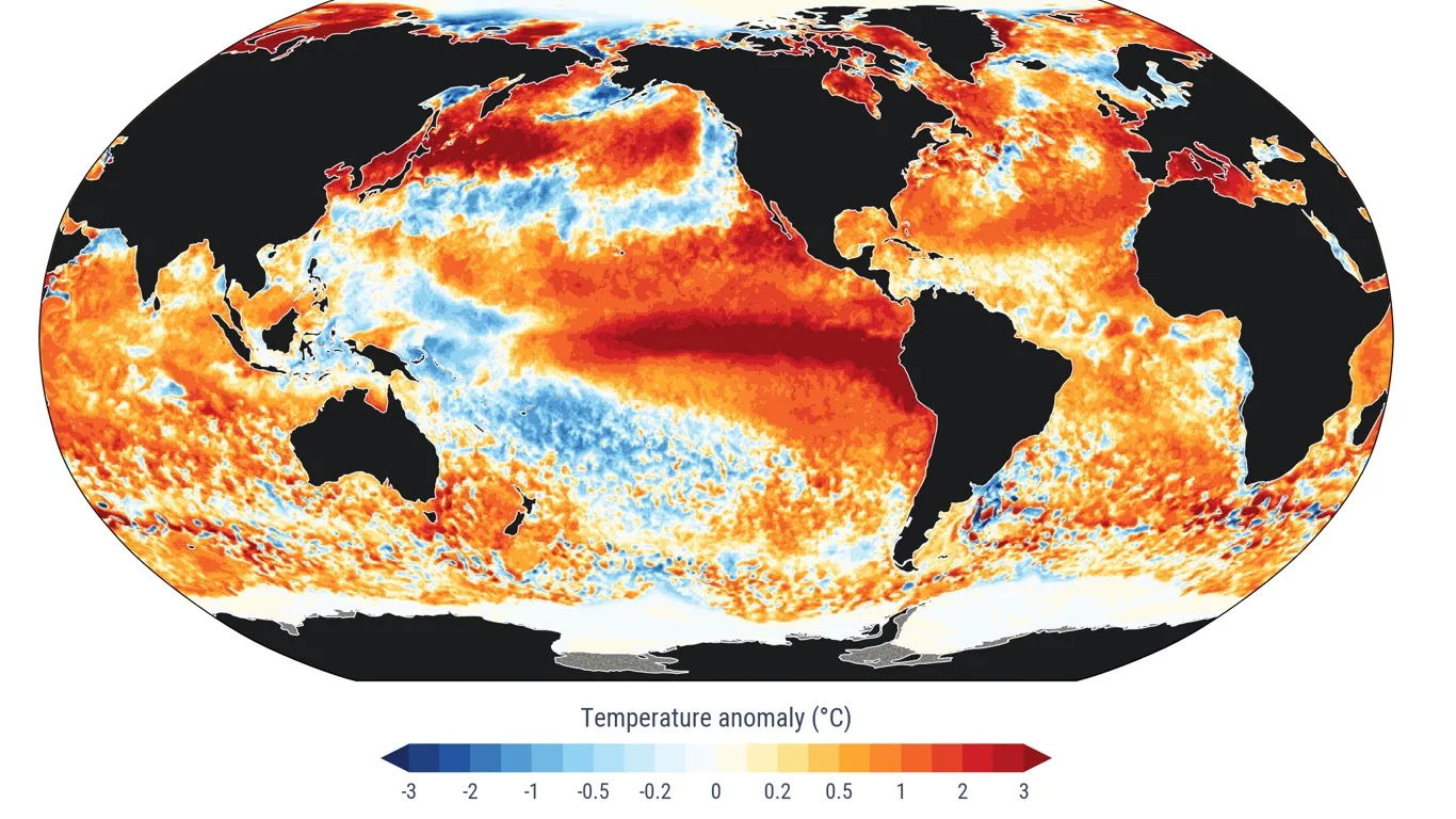 Mapa de aquecimento do oceanos com El Niño 
