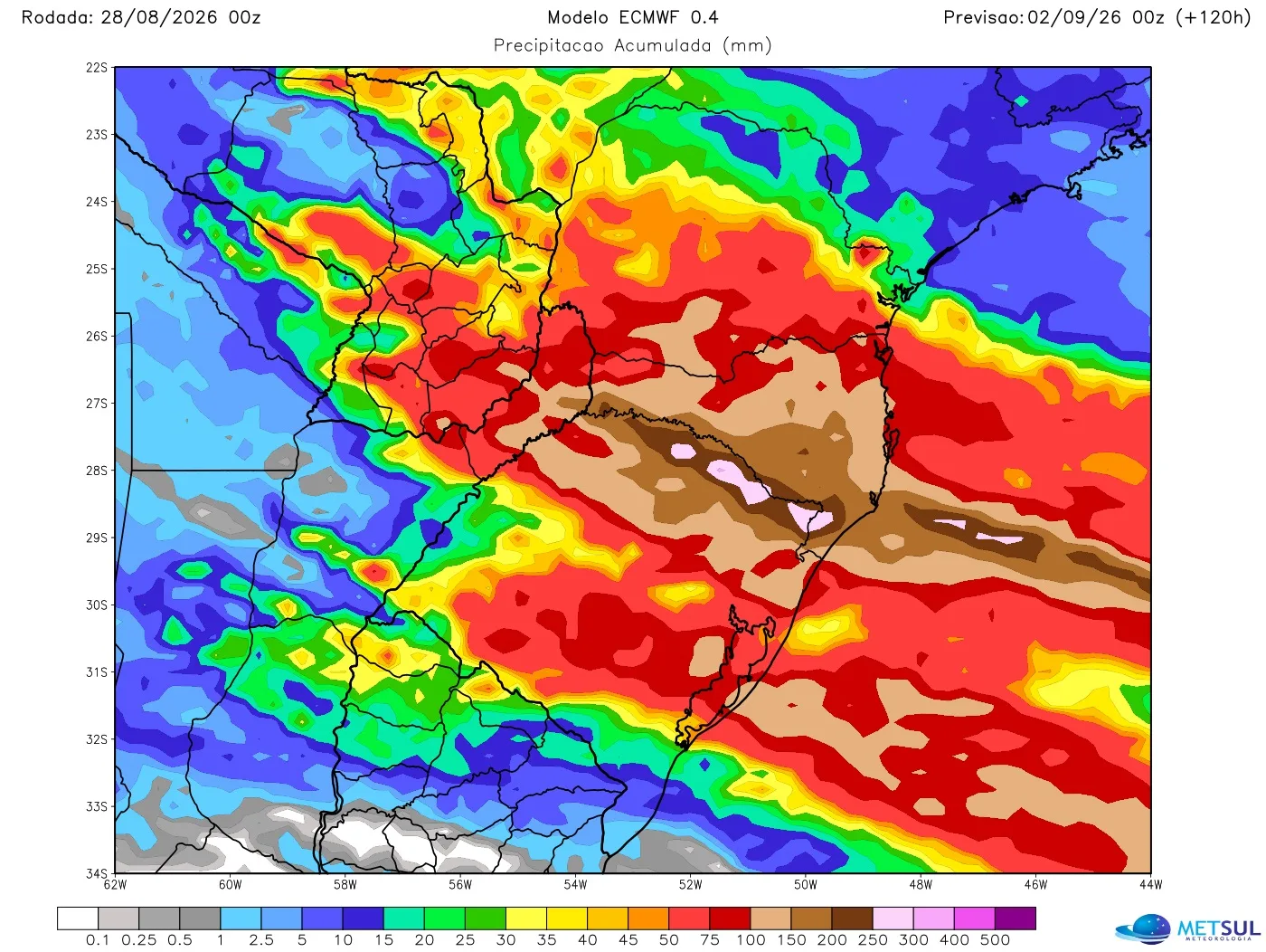 Mapa de modelo com projeção de chuva