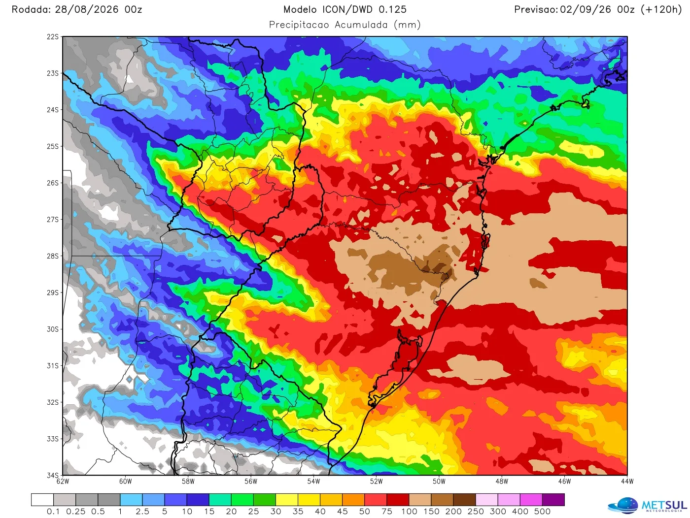 Mapa de modelo com projeção de chuva