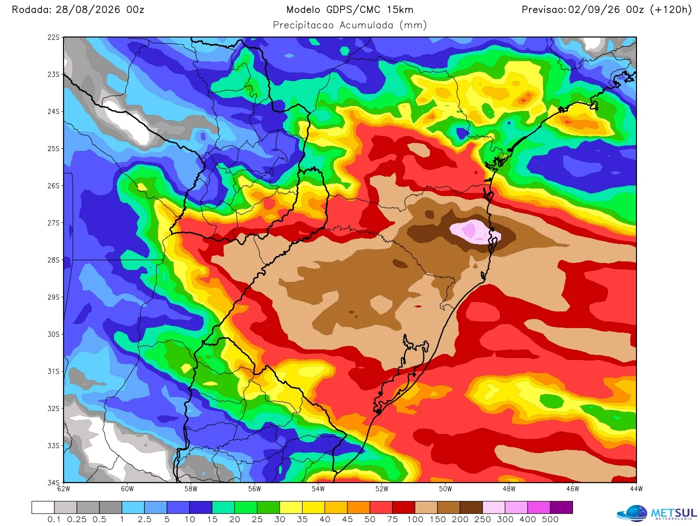 Mapa de modelo com projeção de chuva