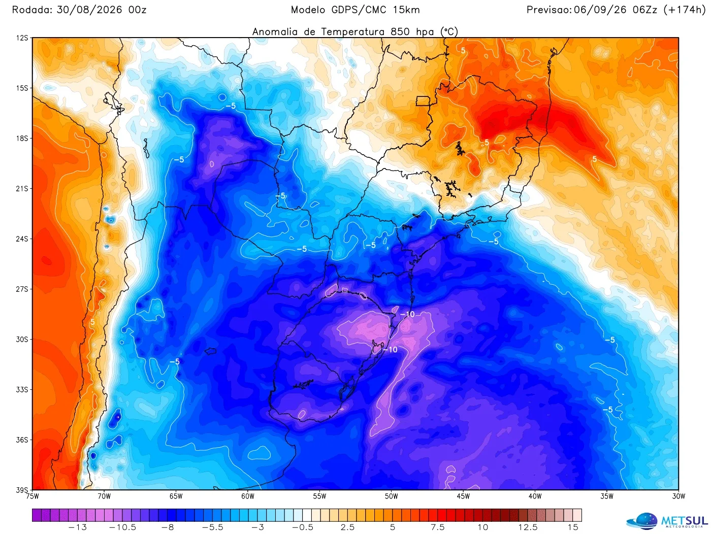 Modelos numéricos indicam massa de ar frio de maior intensidade no final da semana