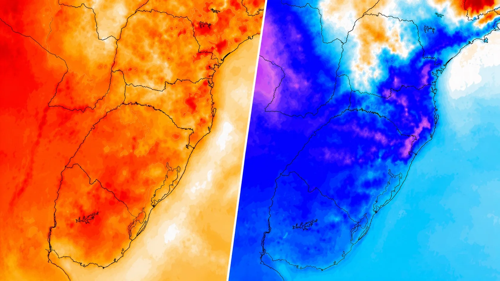 Mapas de temperatua com contraste de ar quente e frio de inverno