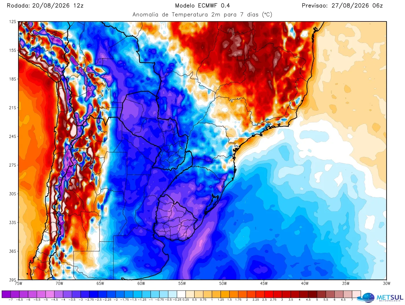 Mapa de anomalia de temperatura do modelo europeu para sete dias mostra maior impacto da massa de ar frio no Sul e no Mato Grosso do Sul