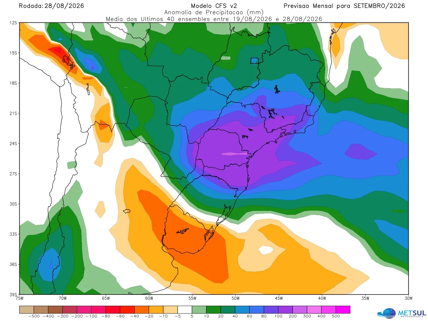 Projeção de anomalia de chuva do modelo CFS para setembro