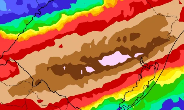 Cenário preocupante de chuva excessiva de até 200 mm a 300 mm