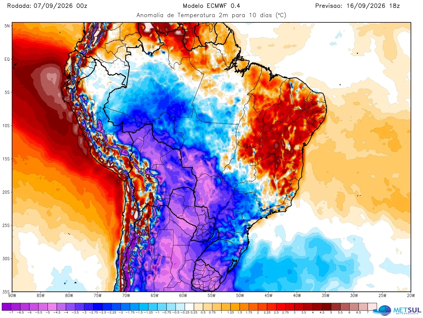 Mapa de anomalia de temperatura no Brasil para dez dias indica mais frio