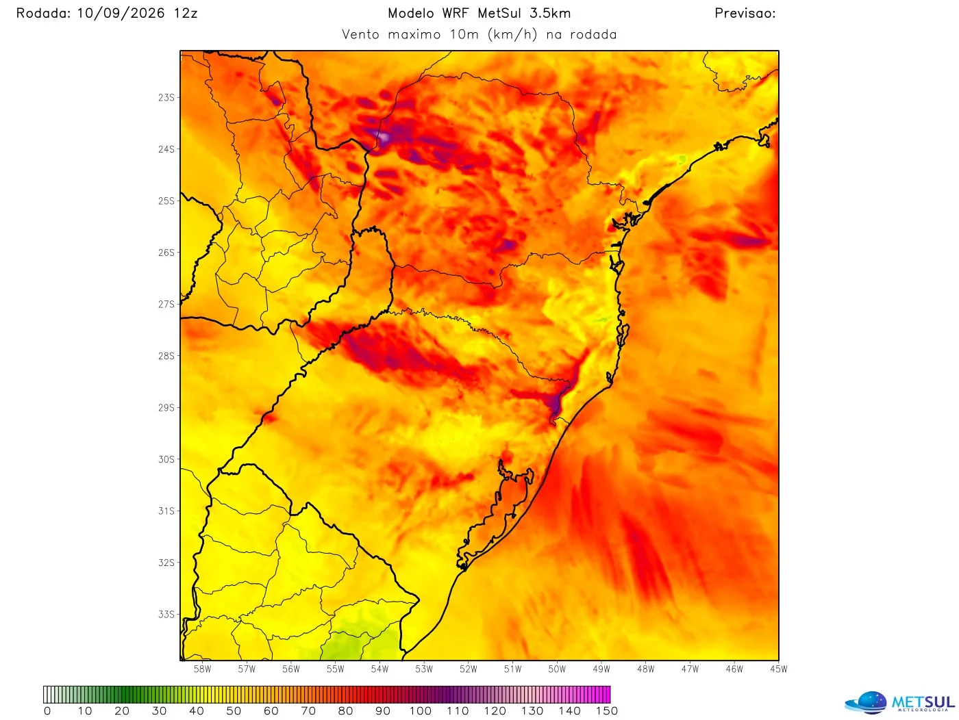 Projeção de vento máximo do modelo WRF-GFS da MetSul